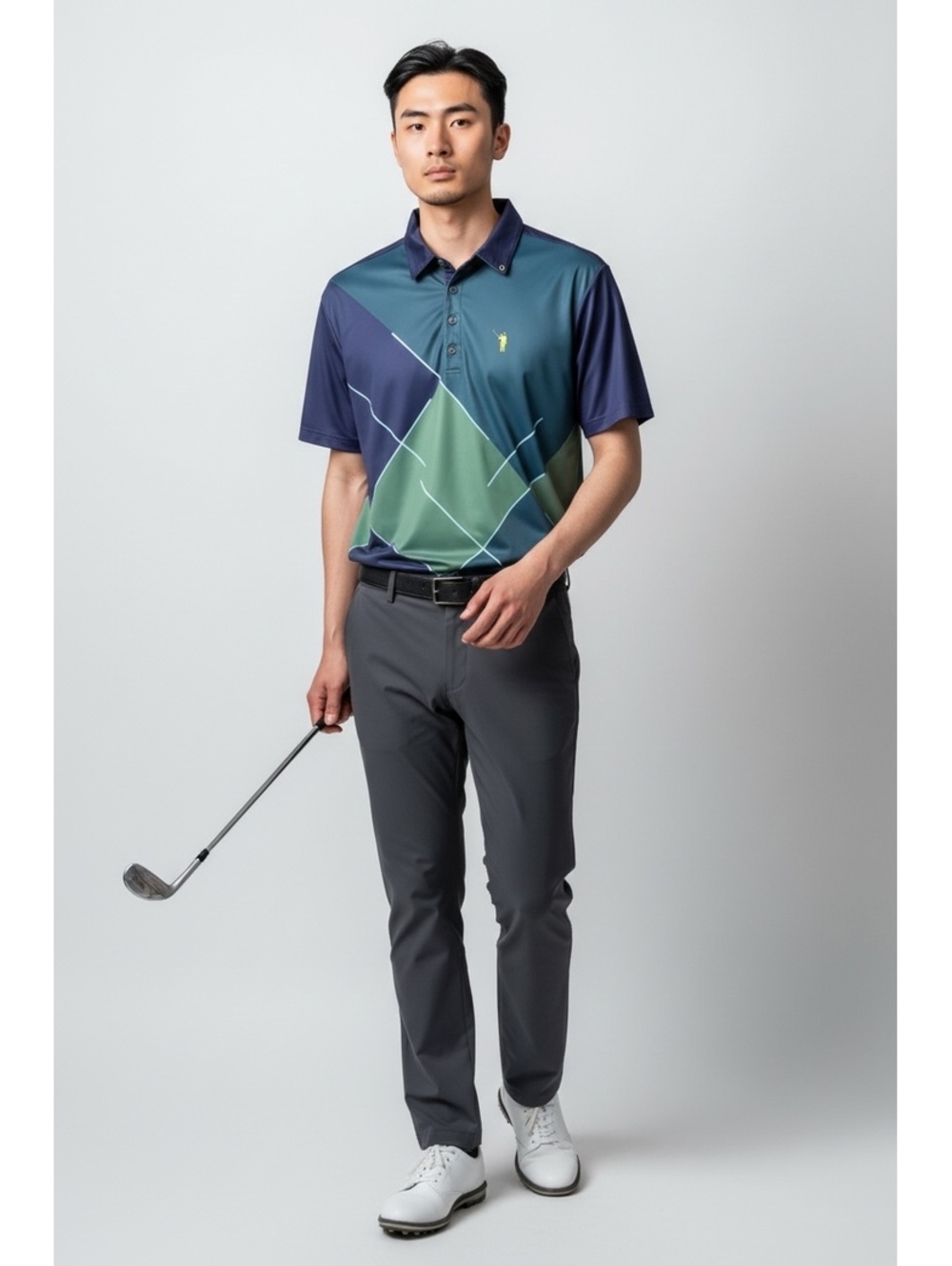 William Murray Men's Large Golf Polo Shirt Navy Blue Green Geometric Pattern